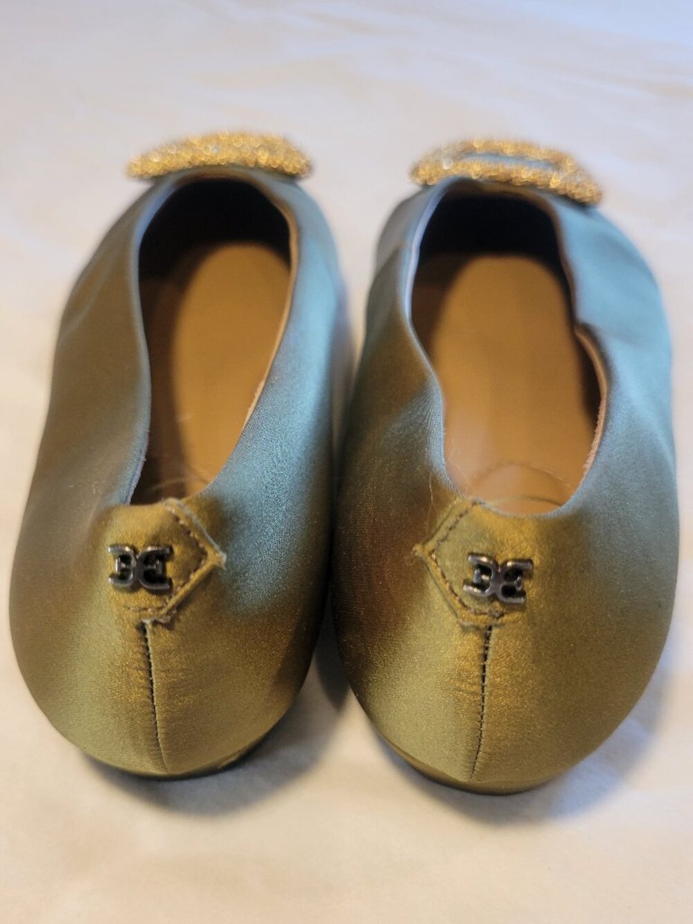 Sam Edelman Olive Satin Pointed Toe Flats Crystal Buckle Women's Size 7 - Picture 8 of 12